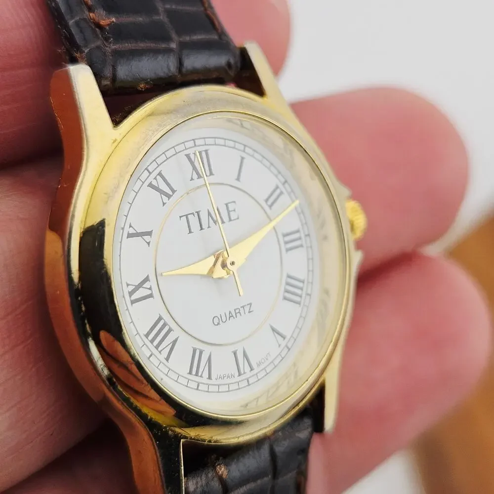 Time Women's Gold Tone Round Roman Numeral Dial Watch Brown Leather Band Simple